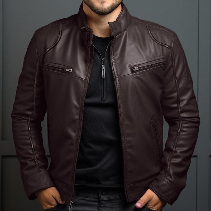 Herren Business Lederjacke für Frühling und Herbst, Modische Stehkragen Freizeit Lederjacke für Herren 5XL braun