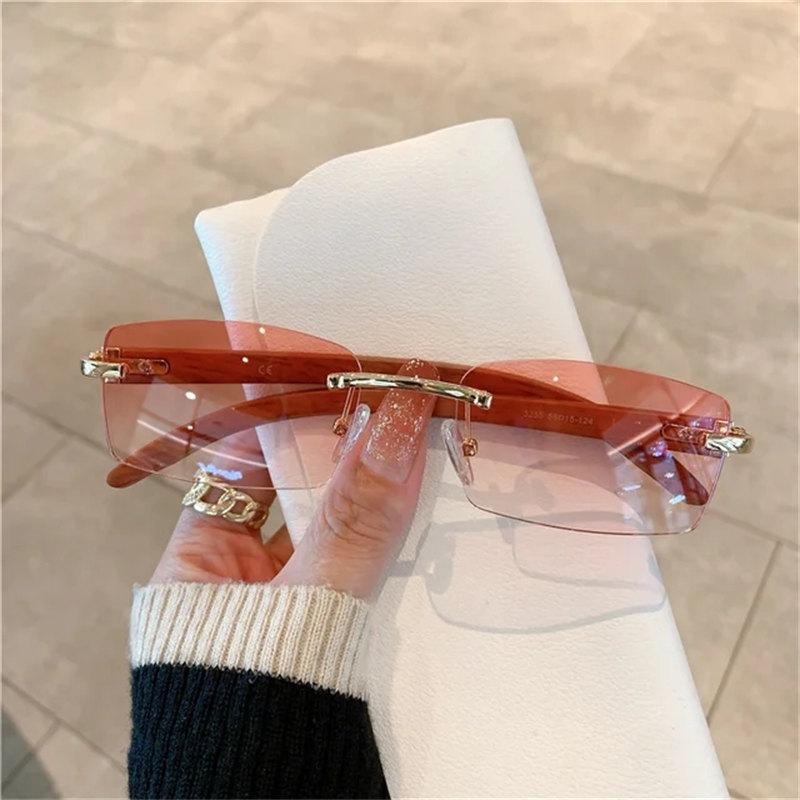 Randlose Sonnenbrille für Männer Frauen Holzmuster Luxusmarke Retro Sonnenbrille Fashion Shades UV400 Reisen Outdoor 1 PCS rosa