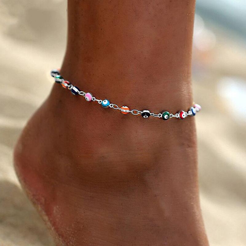 Bohemian Türkische Augen Perlen Fußkettchen für Damen Sommer Ozean Strand Accessoires Böser Blick Anhänger Knöchelarmband Schmuck Geschenk silber