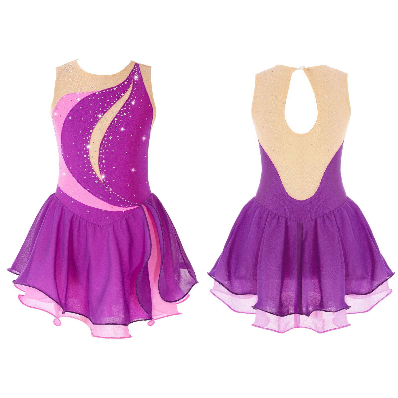 Kinder Mädchen Eiskunstlauf Kleid ärmellos Strass Wettbewerb Kostüme Ballett Tanz Tutu Rock 7-8 Years violett