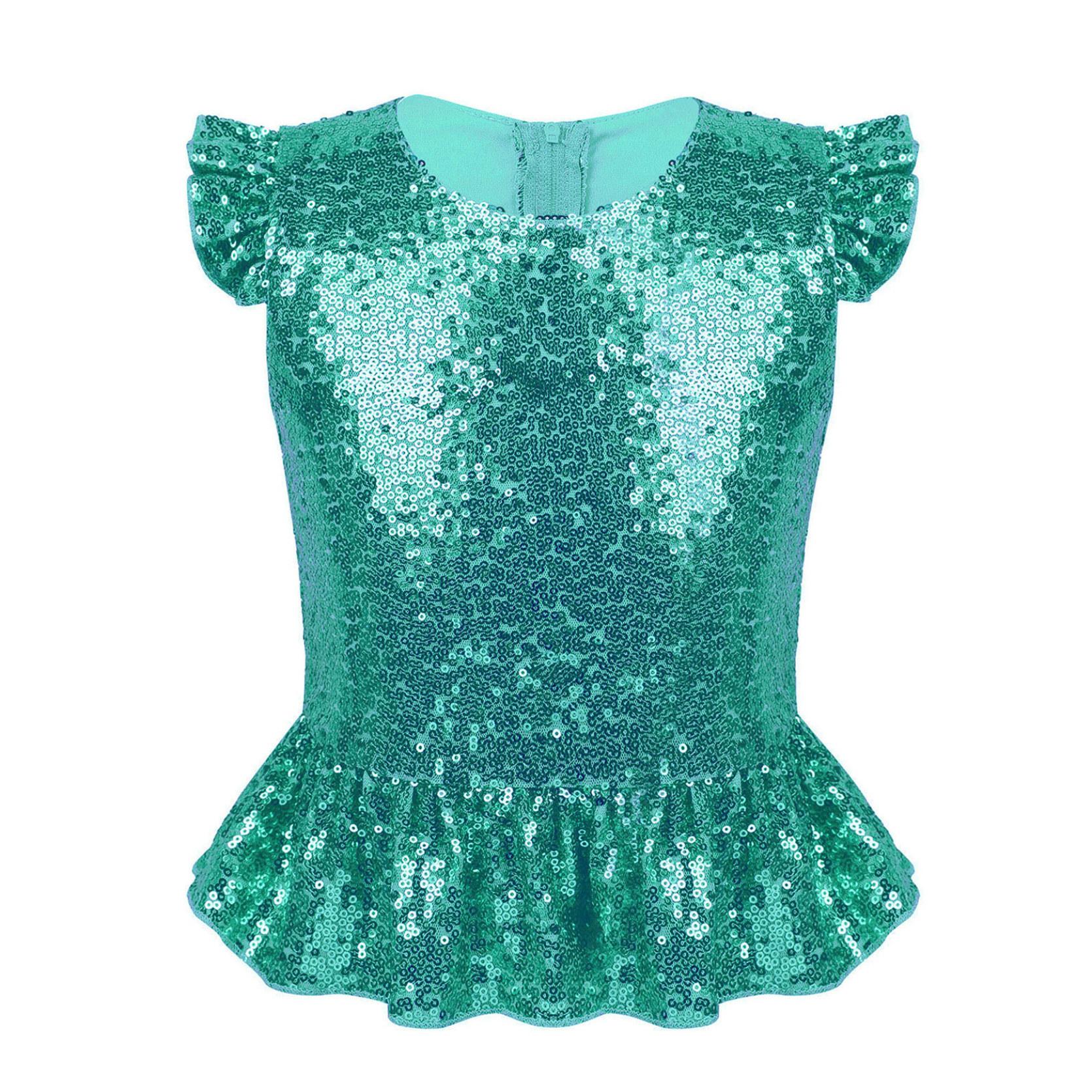 Mädchen Party Crop Tops Meerjungfrau Kostüm Pailletten Rüschen Sparkle Tank Top Weste für Halloween Karneval Geburtstag 11-12 Years see-grüne