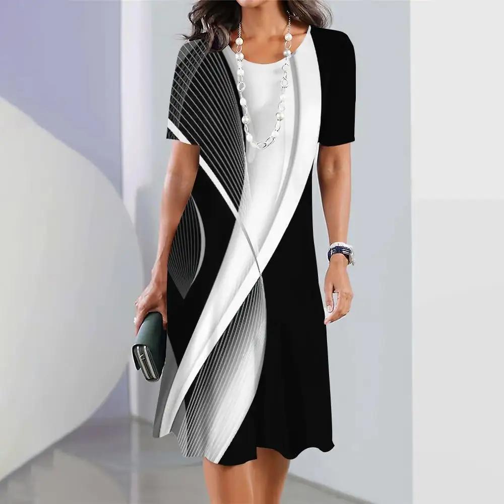 Damenkleider mit 3D-Farbverlauf und geometrischem Druck, Crushed Flower, kurze Ärmel, Partykleidung, elegante Oberteile, Retro-A-Linien-Rock 5XL gray