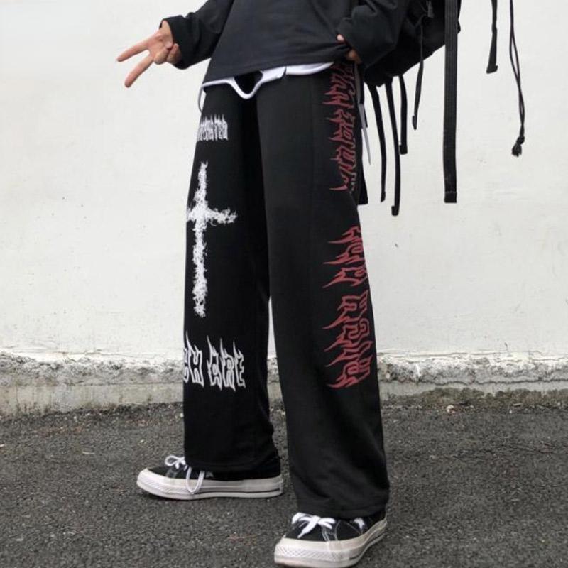 Gothic Hose Japanische Casual Jogginghose Graffiti Anime Punk Hippie Hose mit weitem Bein Harajuku High Street Streetwear S