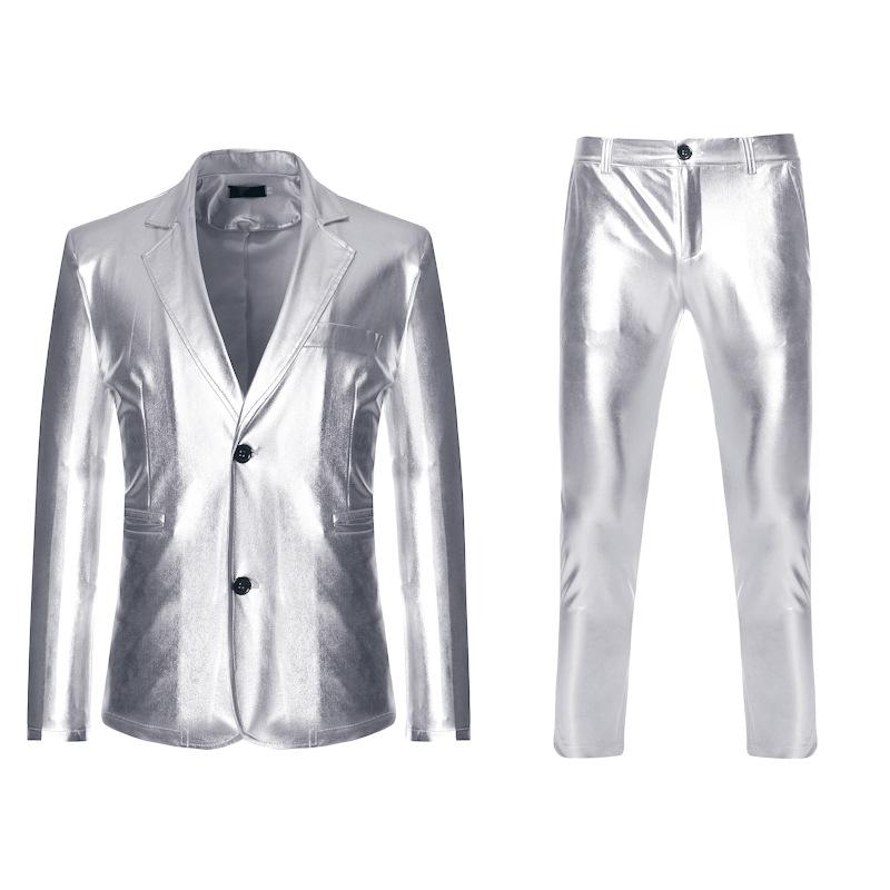 Herren Shiny Gold 2 Stück Anzüge Blazer Hosen Terno Masculino Mode Party DJ Club Kleid Smoking Anzug Männer Bühne sängerin Kleidung L silber