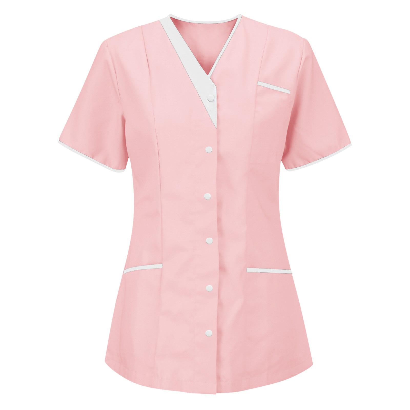 Damen Uniform Schnelltrocknendes Gewebe Einfarbig V-Ausschnitt Kurzärmlige Uniform XXL rosa