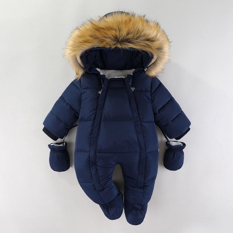 Winter Neugeborenes Baby Mädchen Kleidung Verdicken Baby Strampler mit Handschuhen Warmer Baby Jumpsuit Kapuze Plus Samt Kinderbekleidung 80cm navy blau