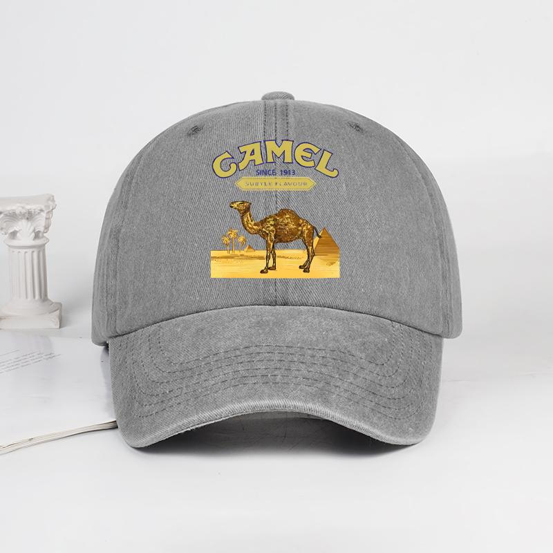 Vintage „Camel“ Wüstenmotiv Print Gewaschene Baseballkappe - Verstellbare Unisex Vintage Kappe für Outdoor-Wanderungen und Bergsteigen grau