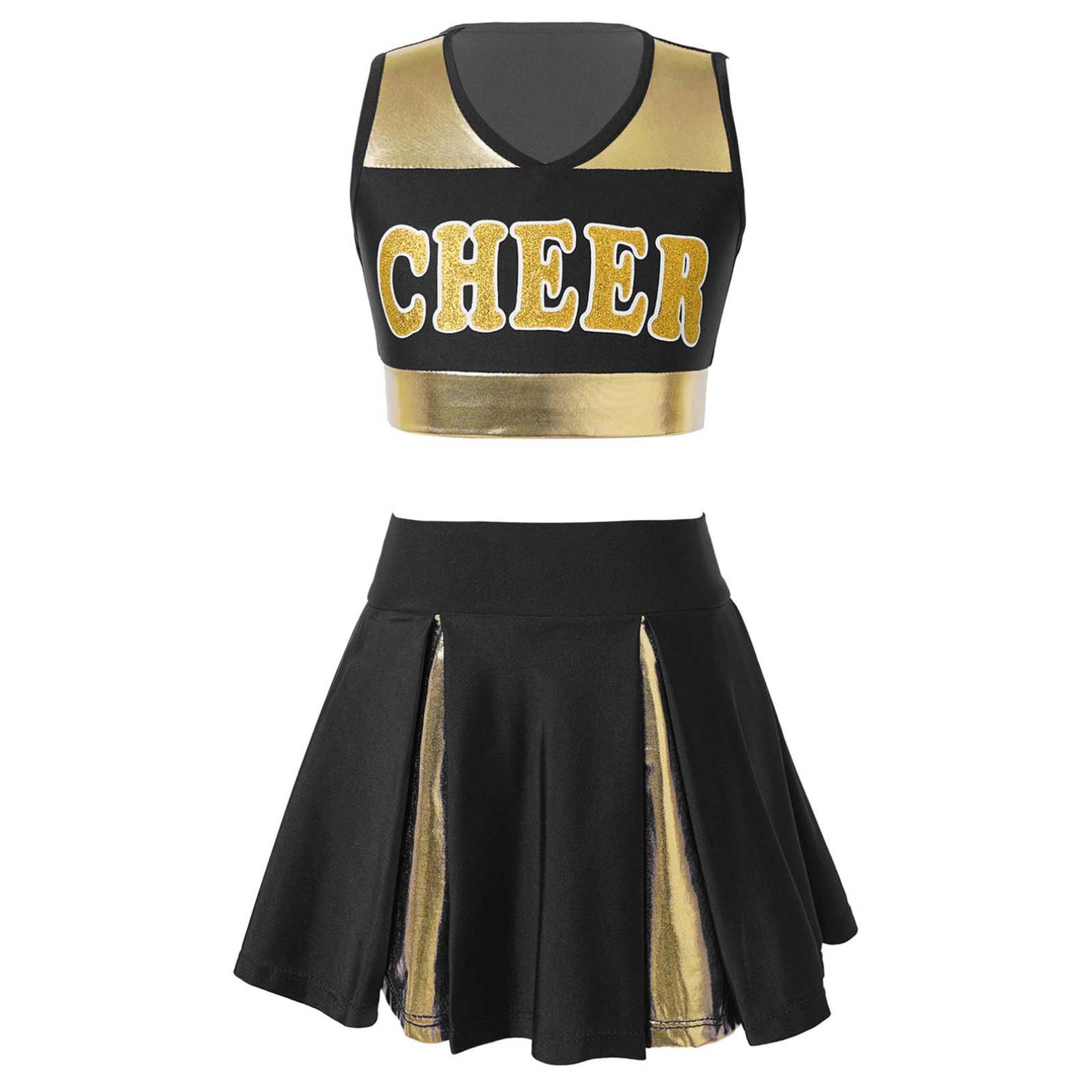 Kinder Mädchen Cheerleading Tanzkleidung Set Ärmelloses Crop Top mit Buchstabenaufdruck und Rock Cheer Uniform 5-6 Years schwarz
