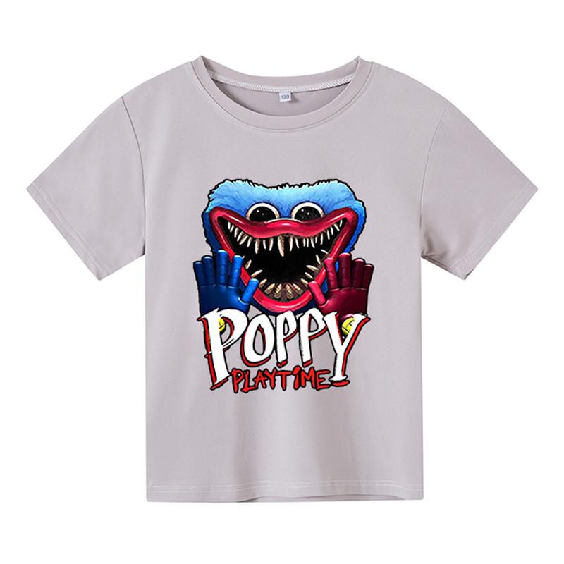 Summner Huggy Wuggy Kindermode Rundhals Kurzarm Streetwear Koreanische Cartoon Junge Mädchen Spiele Kids3-12Y 160 grau