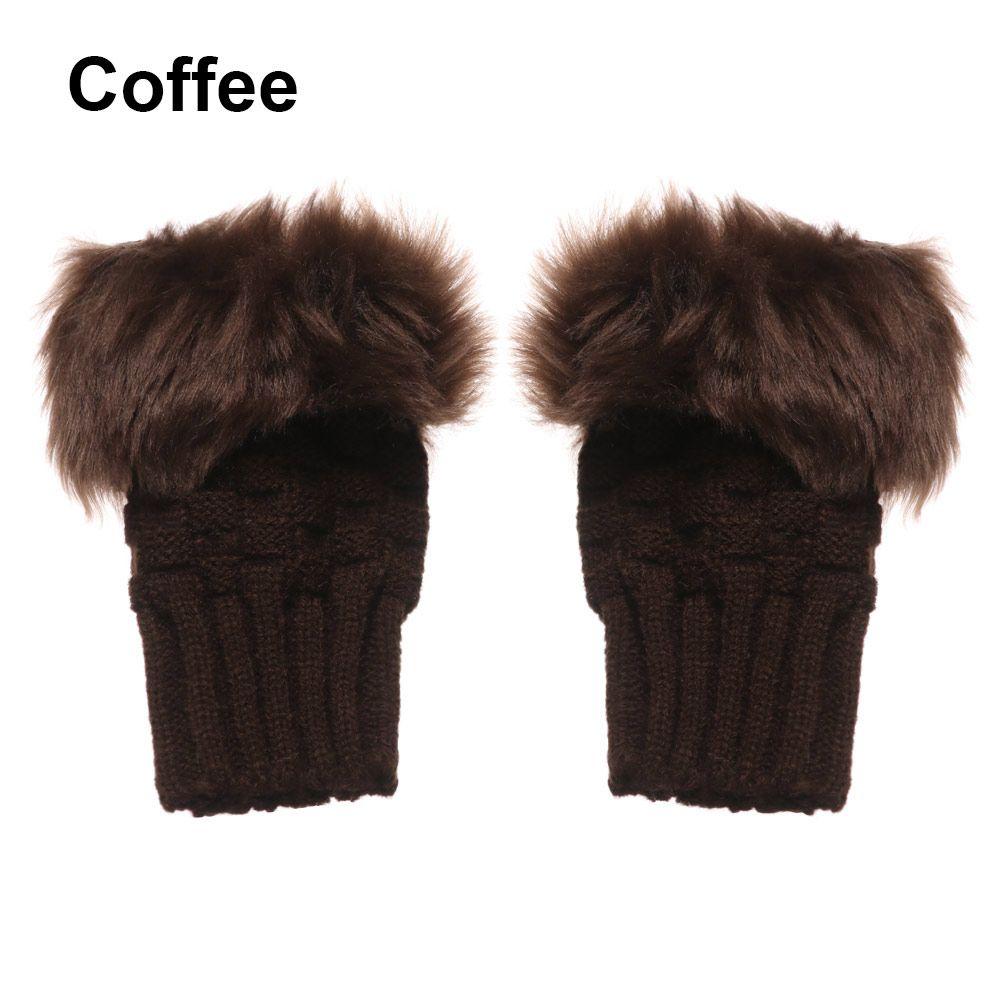 Winter Halbfinger Elastische Kunsthasenfell Handschuhe Verdickt Warm Warm Fäustlinge Gestrickte Handschuhe kaffeebraun
