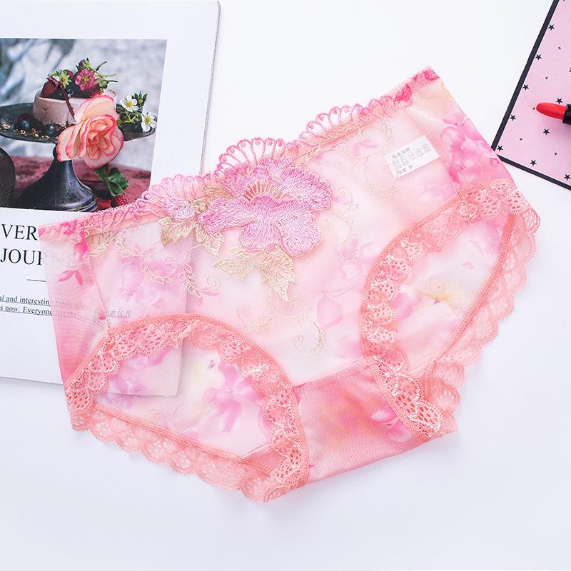 Spitze Unterwäsche Sexy Mittlere Taille Atmungsaktive Mesh Stickerei Hohl Große Größe Transparent Damen Unterwäsche M rosa