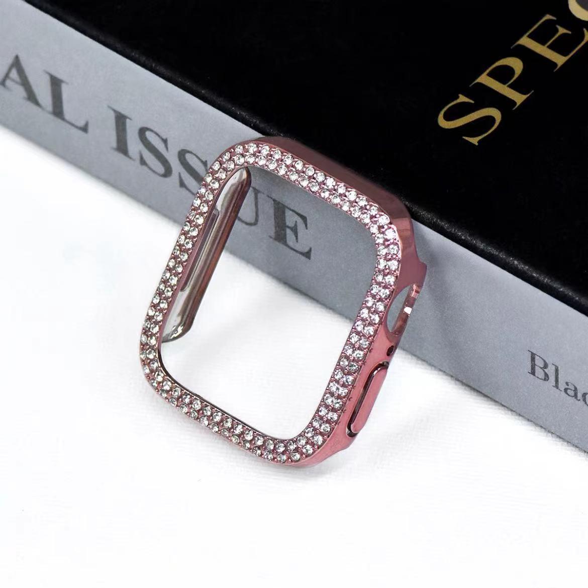 Doppelreihiges Diamant-Halbgehäuse für die Apple Watch (iWatch 7658 Gen SE, Apple Watch 9/10) 46mm (10th/11th Gen) rose rosa