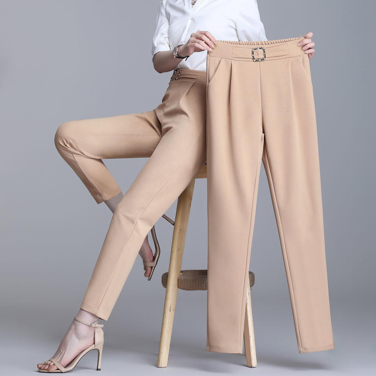 Elegante Hohe Taille Elastische Harem Hosen für Frauen Pendler Casual Capri Hosen Mode Einfarbig Taschen Schärpen Hosen 4XL L khaki