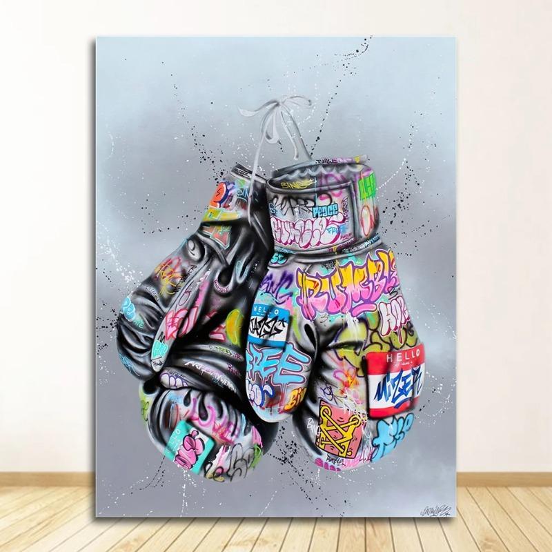 Straßen-Wandkunstbild für Wohnzimmer, Heimdekoration, Boxhandschuhe, Graffiti-Kunst, Poster und Drucke auf der Wand, Leinwandgemälde 30x45cm No Frame gray