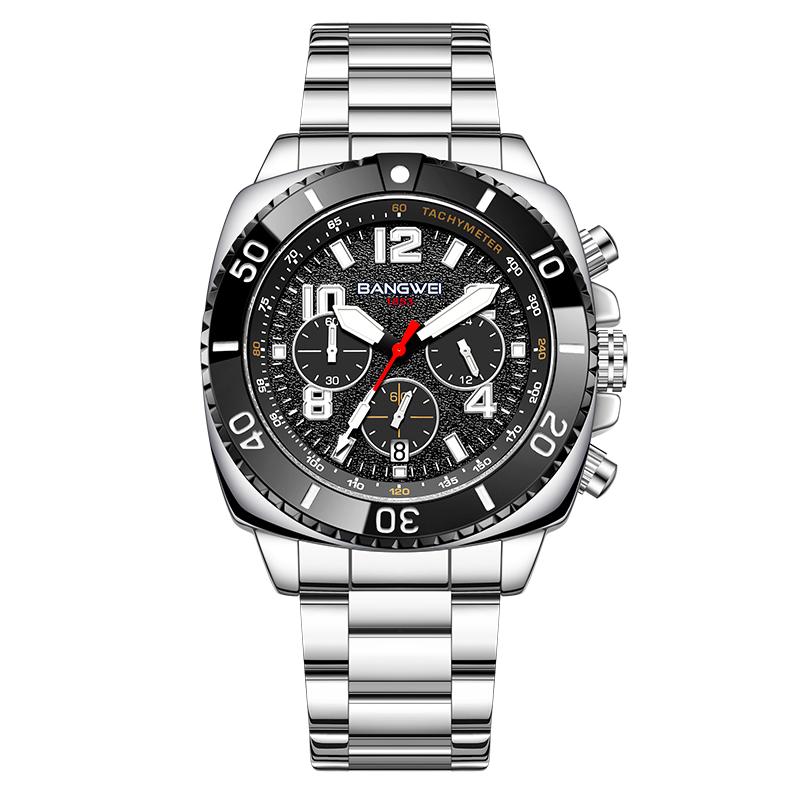 BANGWEI 2025 Mode Herrenuhren Wasserdicht Leuchtend Chronograph Sport Herren Quarz Uhr schwarz