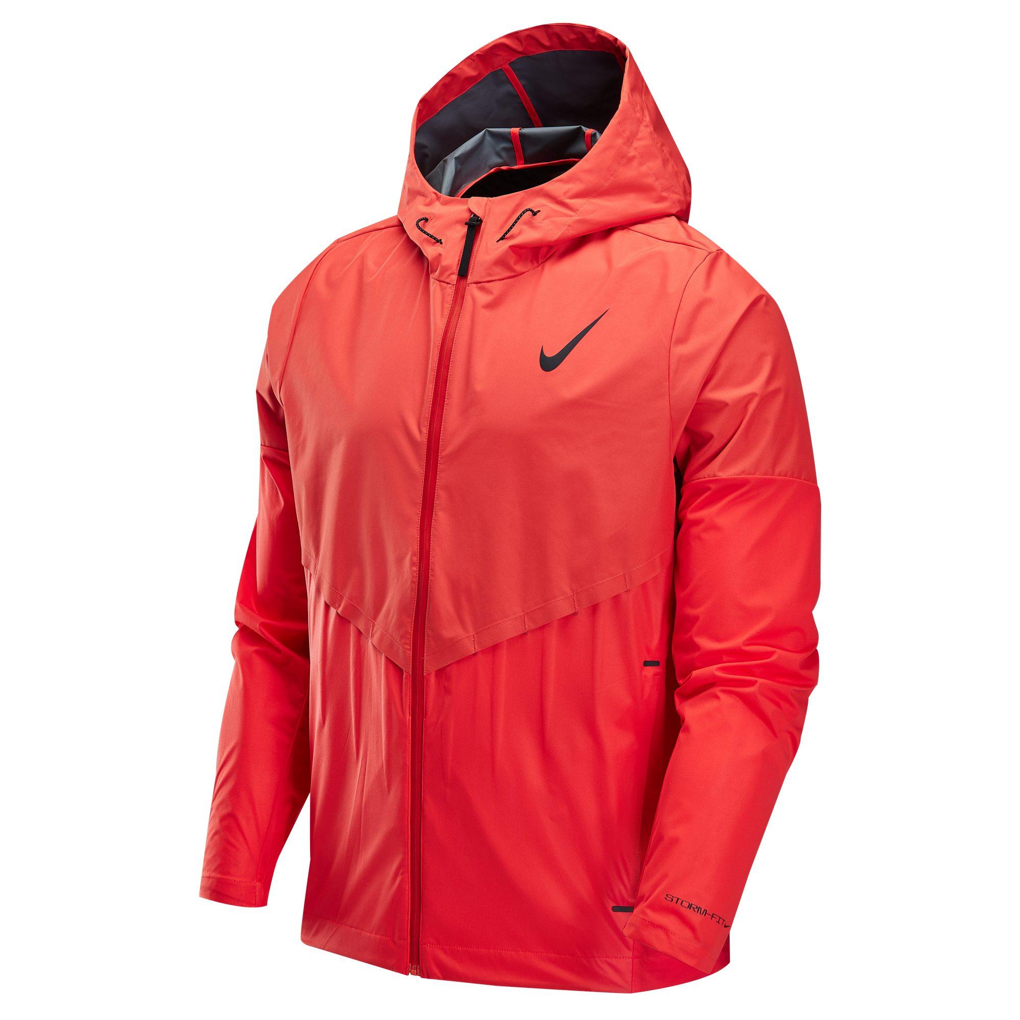 Nike Aeroswift Storm-Fit Aerogami Winddicht Wasserabweisend Laufjacke mit Kapuze und Reißverschluss für Herren Jacken Hellrot Dunkelrot Schwarz FZ9040-696 M