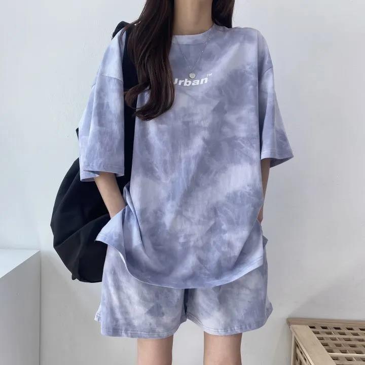 Damen T-Shirt Shorts Anzug Set Lässiges Batik-T-Shirt und Shorts mit weitem Bein in der Mitte mit Taschen Weiche Sommer-Shorts-Sets für Damen L blau