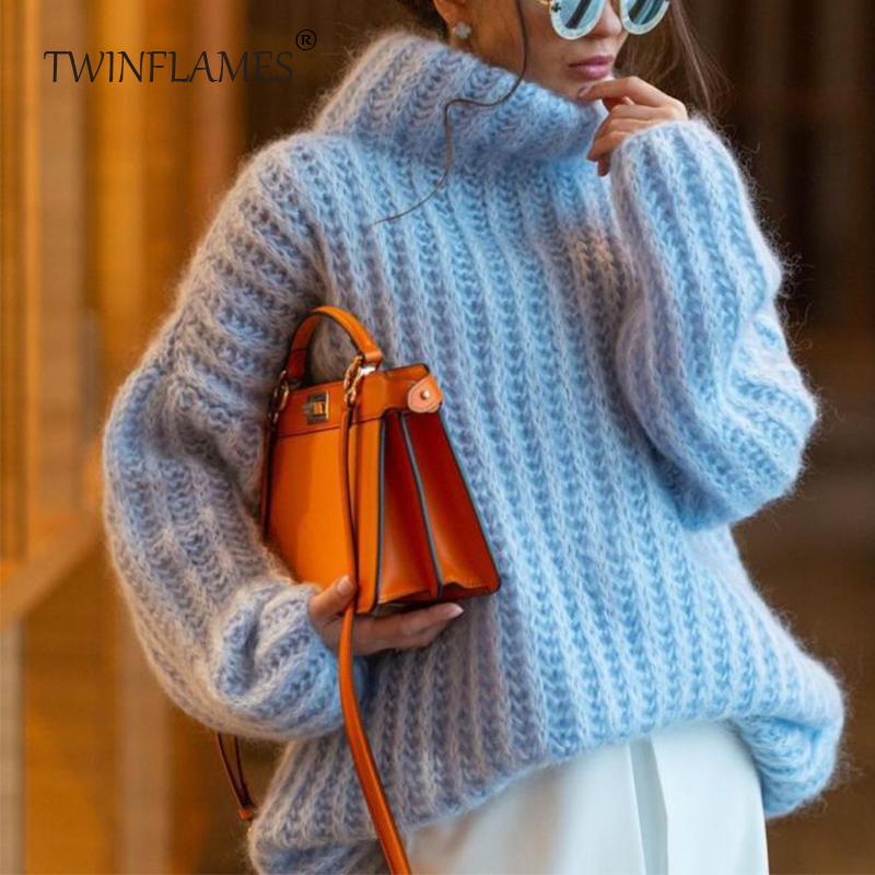 Rollkragen Stricken Pullover Frauen Herbst Winter Warme Übergroßen Flauschigen Pullover Dame Langarm Pullover frauen Tops One Size blau