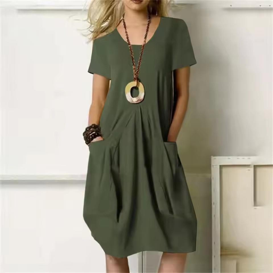Einfarbiges Freizeitkleid für Damen, übergroß, O-Ausschnitt, kurzärmelig, Kleider mit Tasche, Alltagskleidung, Übergröße, modisches Sommerkleid für Damen M grün