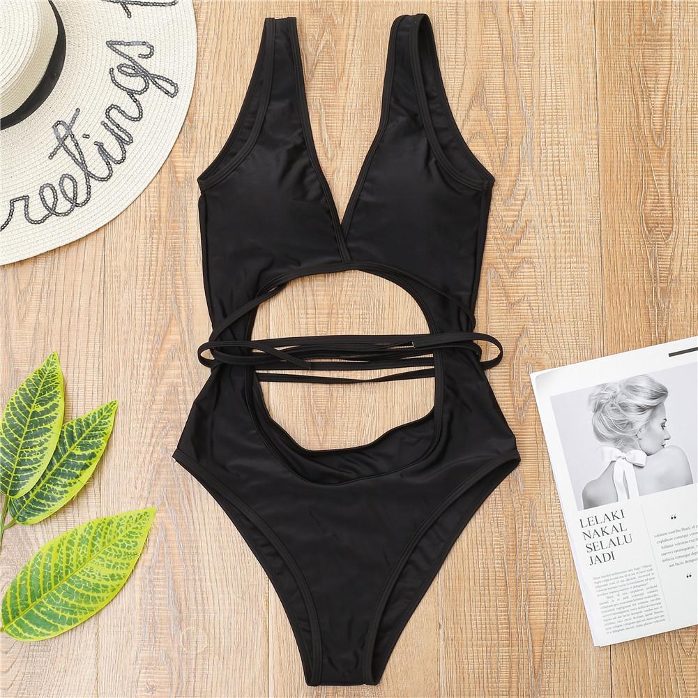 Damen-Badeanzug, einfarbig, Kordelzug hinten, Krawatte, sexy Ausschnitt, Tanga, einteiliger Badeanzug, Bikini, Strandmode, Badeanzüge S schwarz