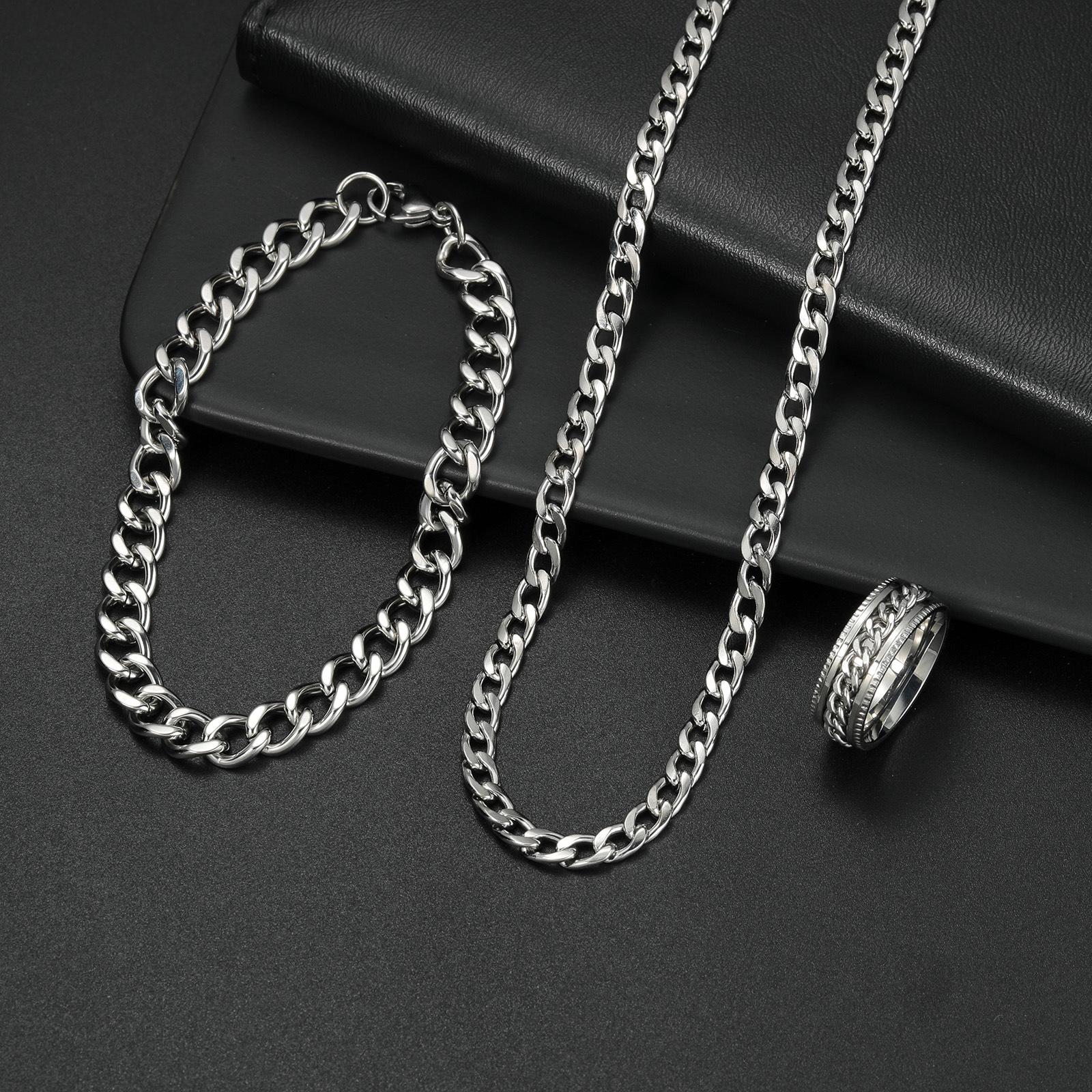 3-teiliges Schmuckset, Armband, Halskette und Ring aus Titanstahl, Herrenschmuck, Geschenk für Sohn und Ehemann black