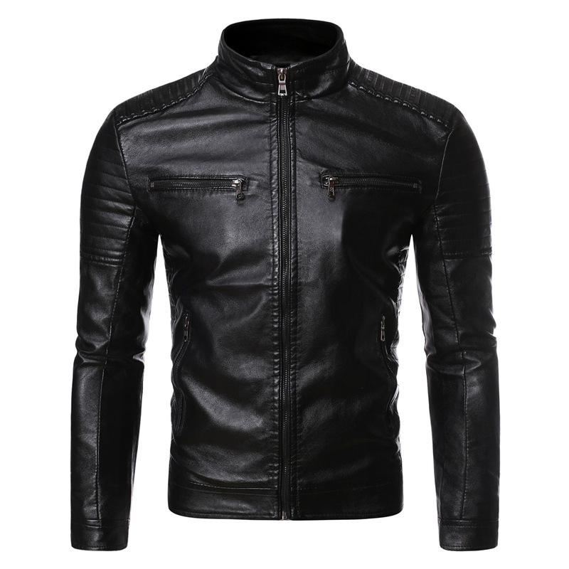 Herren Frühling und Herbst Stehkragen Gestreifte PU Lederjacke Motorrad Lederjacke XS black