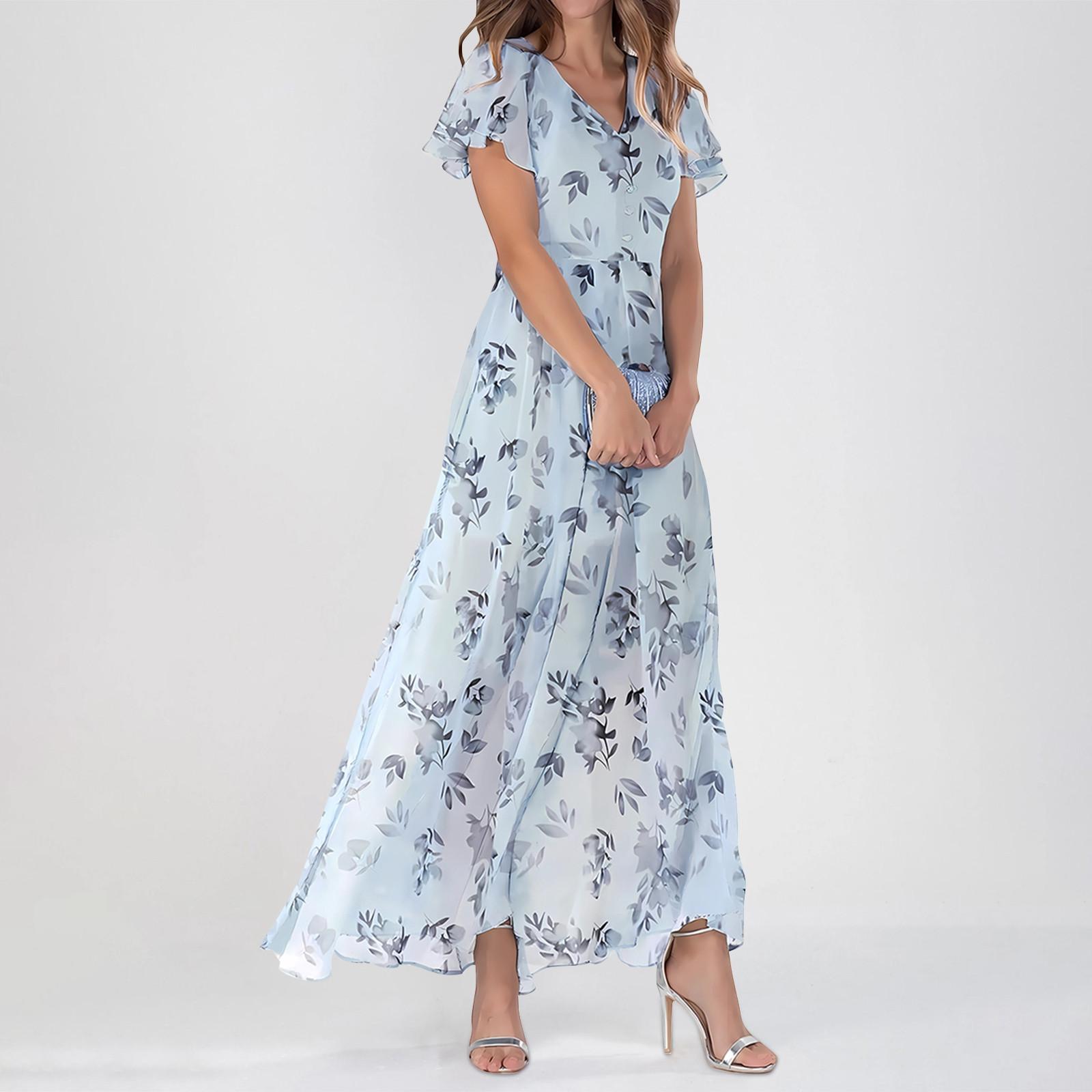 Sommerkleider für Damen, lässig, kurzärmelig, Maxikleider, süßes Blumenmuster, Maxikleider für Hochzeitsgäste, fließende Chiffonkleider XXL gray