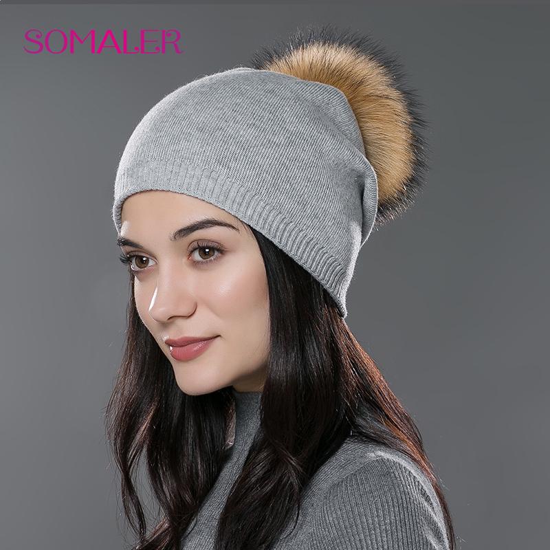SOMALER Winter-Frauen-Echtfell-Pom-Pom-Mützen, Wolle, gestrickt, dick, warm gefüttert, Mützen, Damenmode, Bommel, Skimützen, Strickmütze licht grau
