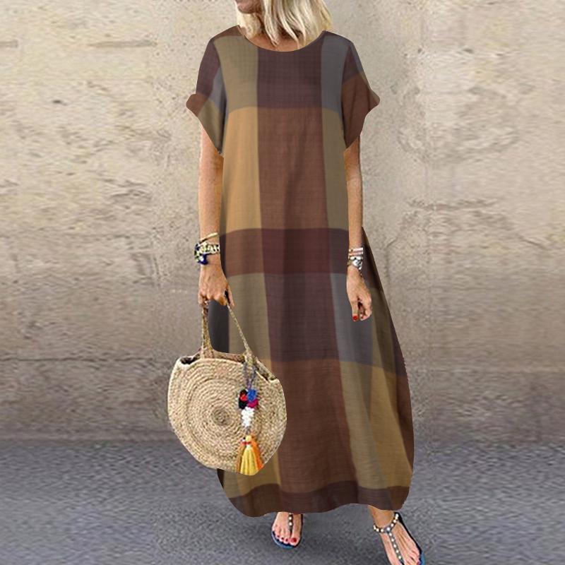 ZANZEA Damen Sommerkleid, kurzärmelig, kariert, Baggy-Sommerkleid, Freizeitkleider M gelb