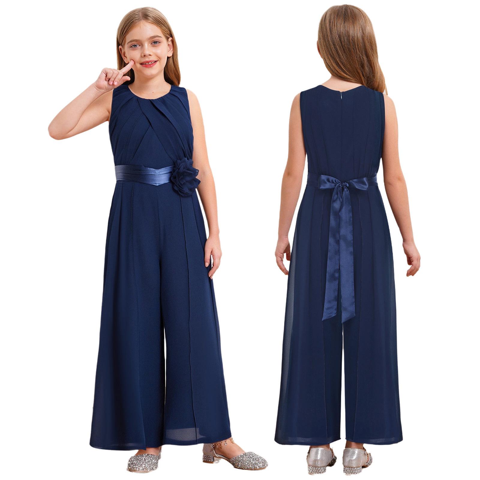 Kinder Mädchen Party Jumpsuit Einfarbige Runde Halslinie Ärmellos Hohe Taille Rüschen Chiffon Abnehmbare Blume Verziert Jumpsuit mit Gürtel für Hochzeit 9-10 Years navy blau