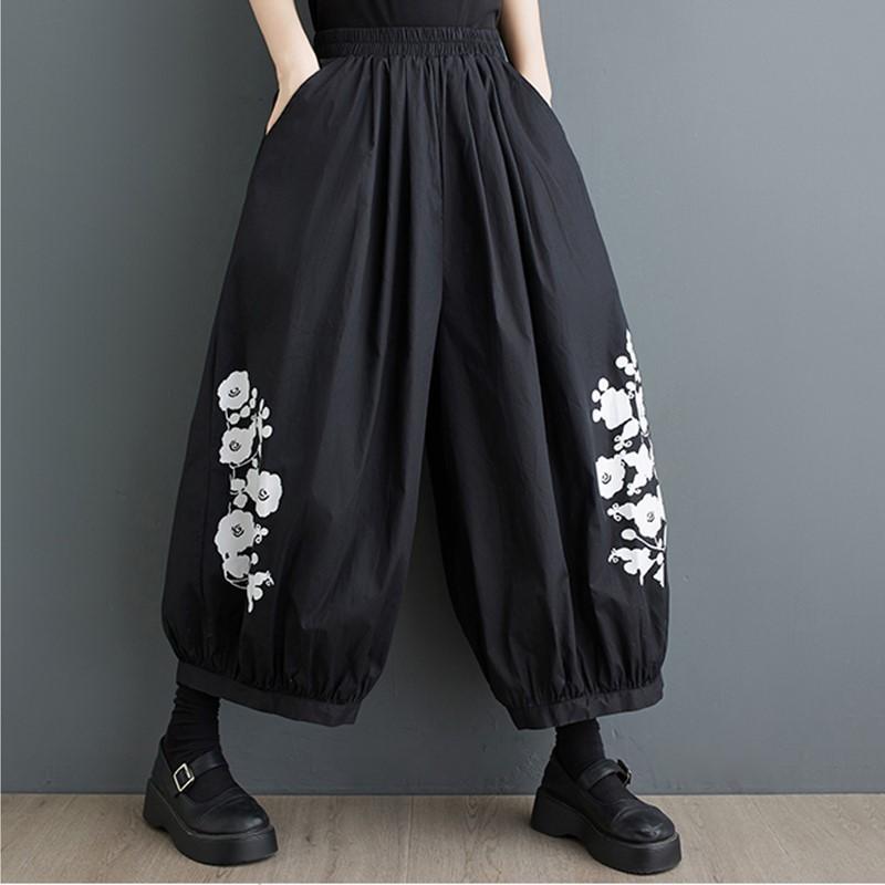 Baumwolle Plus Größe Vintage Blumenmuster hohe Taille Lässig locker Sommer weites Bein Rock Hose Damen Hose schwarz