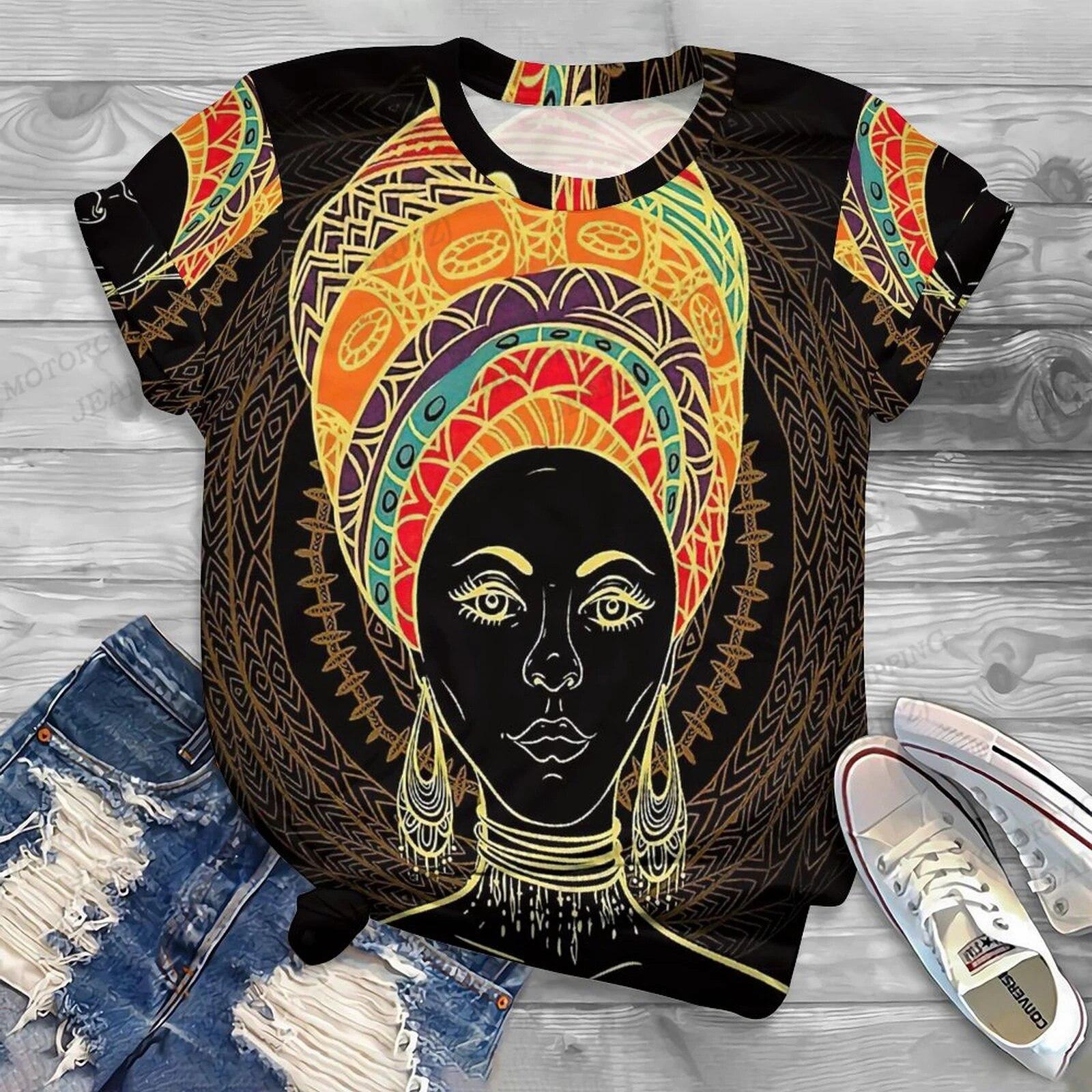 Damen-T-Shirt, Afrika-Mädchen, 3D-Druck, T-Shirt, Damenmode, T-Shirts, afrikanische Frauen, T-Shirt, Harajuku, kurzärmelig, Tops, T-Shirts, Schwarz M