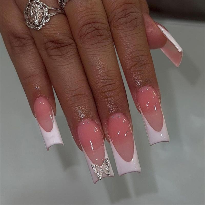 24 Stück Lange Eckige Künstliche Nägel Mit 3D Schleifen Nageldekorationen Glänzende Press-on Nägel Vollabdeckung Aufklebbare Nägel für Damen Mädchen 1