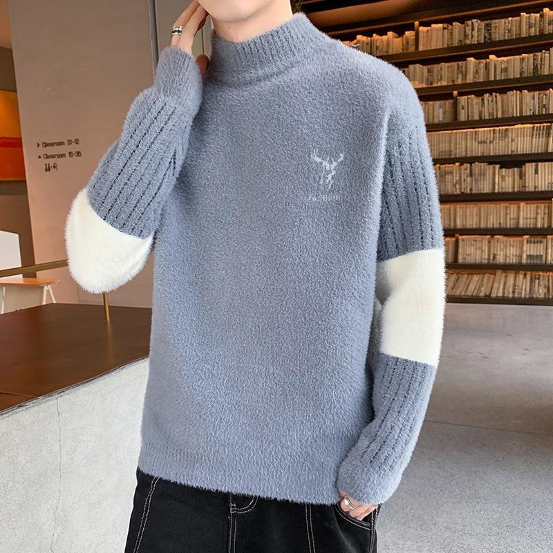 Halber Rollkragenpullover für Herren im Herbst und Winter Frettchen-Samt-Hirschkopf Trendige Herrenbekleidung Warmes, schmal gestricktes Unterhemd Farblich abgestimmt L grau