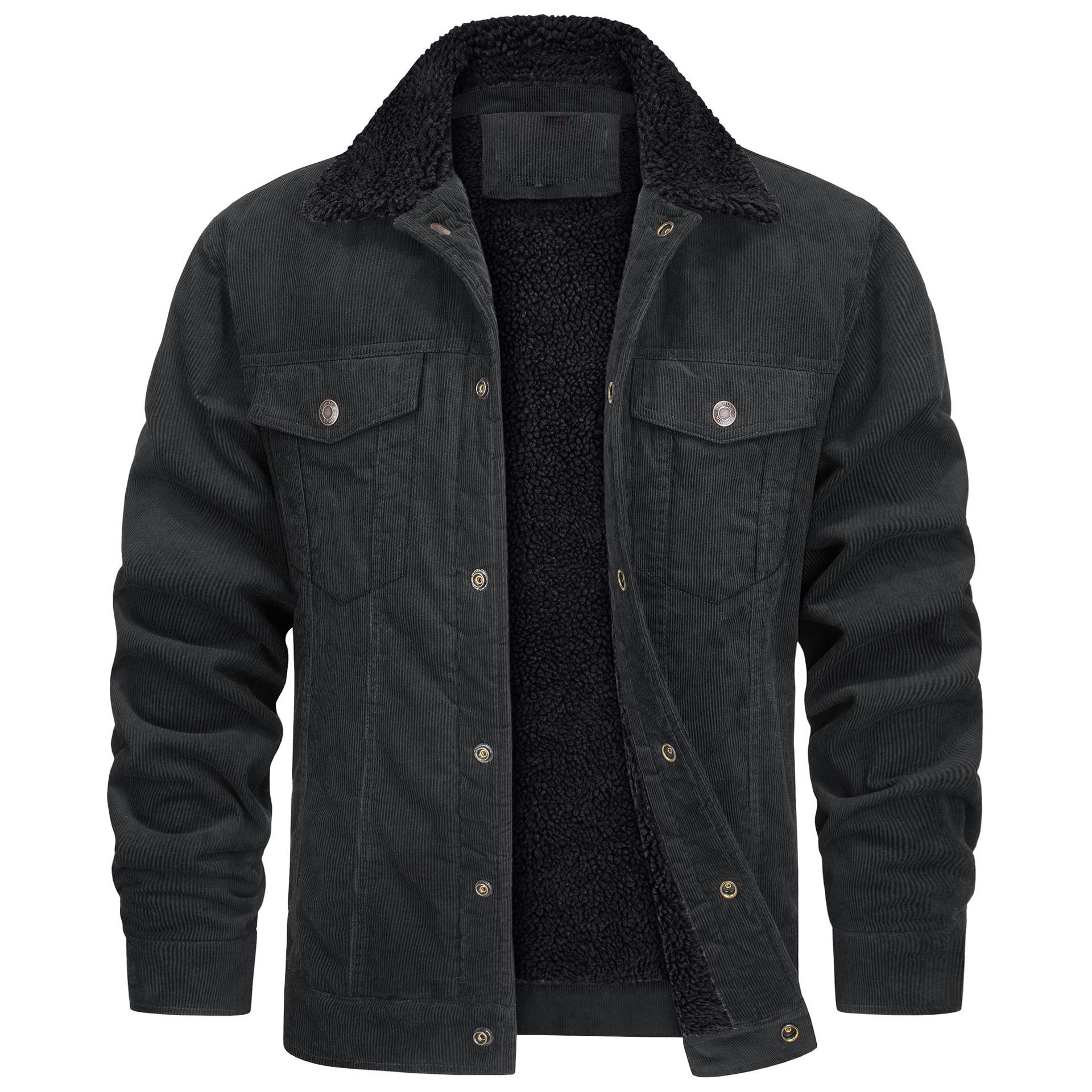 Herren Cordjacken Vintage Fleece Windbreaker Dicke Warme Wintermäntel Mehrere Taschen Lässige Jeansjacke XXXL black
