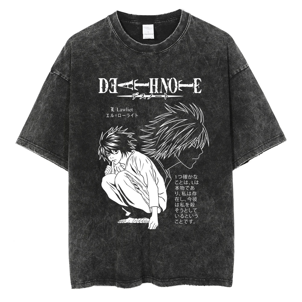 Klassisches Japanisches Anime Death Note Print T-Shirt Herren Gewaschen Übergroß Retro Streetwear Baumwolle Kurzarm Kleidung Lässig Locker Damen Herren Kleidung S schwarz