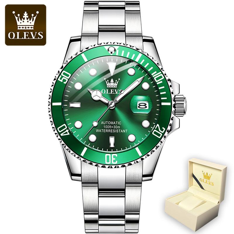 OLEVS 6650 mit Geschenkbox, luxuriöse grüne Wassergeist-automatische mechanische Uhr, wasserdichte Herrenuhr, Herrenuhr