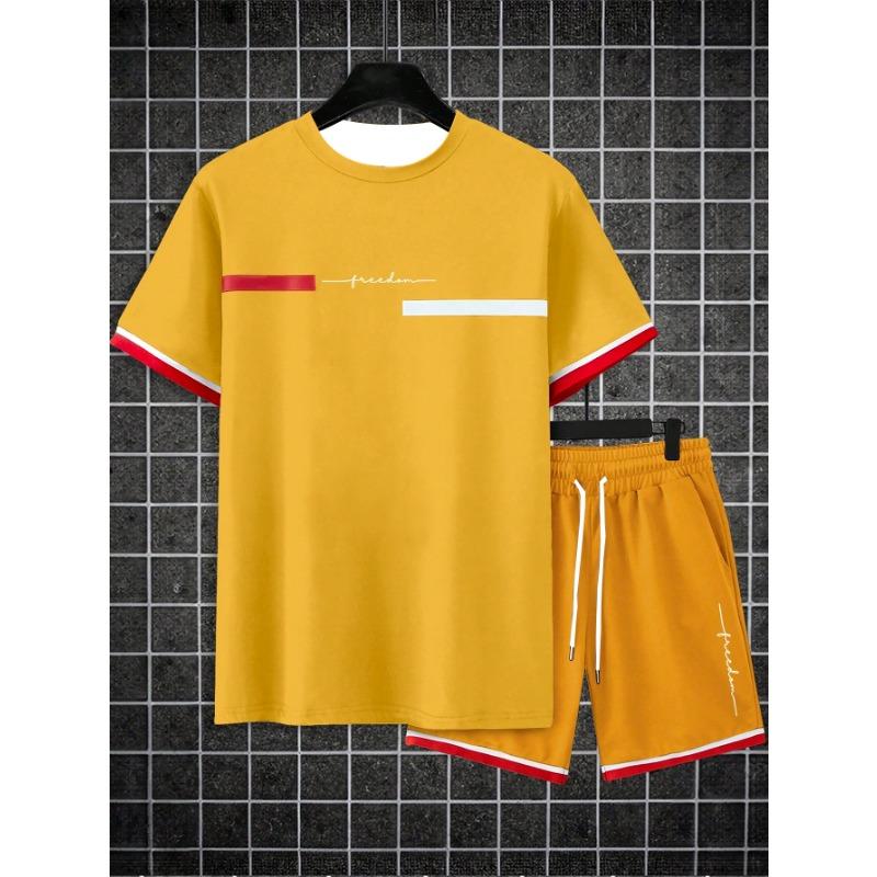 Sommer Herren Trainingsanzug Einfarbig Streifen T-Shirt Shorts Set Sport Outfit Jogginganzug Übergroße Kleidung Outdoor Streetwear 5XL