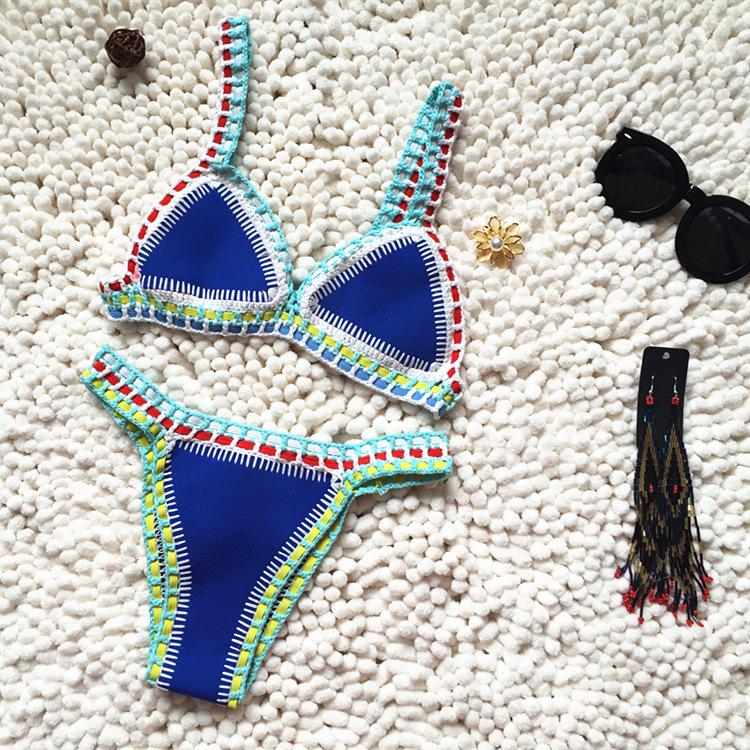 Bikini Damen Handarbeit Häkelstrick Bademode Neckholder Patchwork Badeanzug Badeanzug Biquini Tanga Bikini S blau/rot