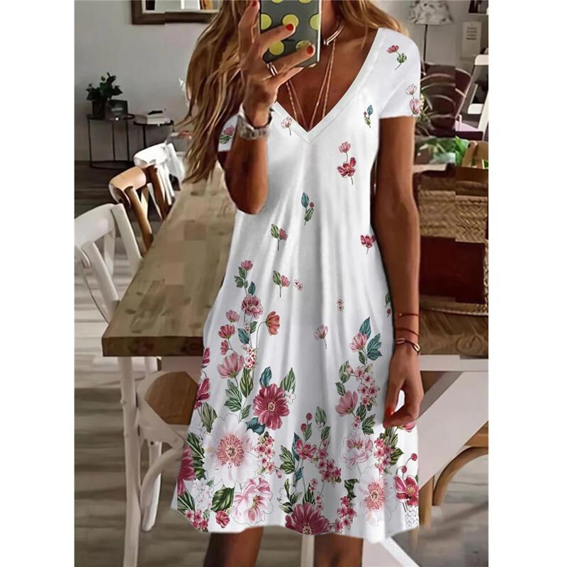 Frauen Sommer Casual V-ausschnitt Plissee Elegante Party Kleid Damen Lose Baumwolle Kleider Kurzarm Blume Floral Gedruckt Kleider S