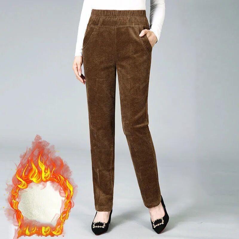 Damen-Winterhose, gepolsterte, verdickte Hose, Damenhose mit hoher Taille, mittleres Alter, lässige gerade Hose M braun