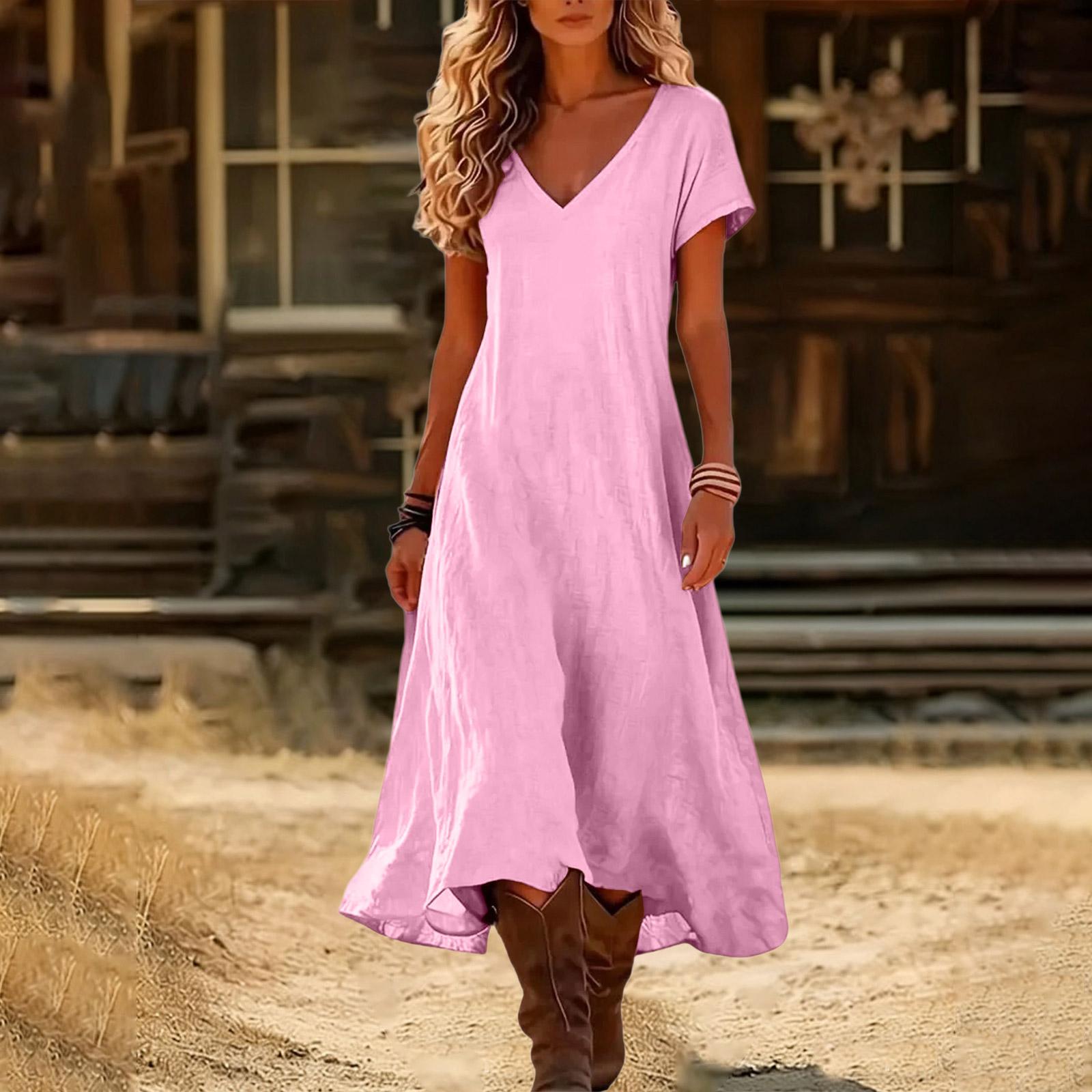 Boho-Kleider für Damen 2026 V-Ausschnitt Kurzarm-Sonnenkleider für Damen Sommerkleider für Damen Lässiger Lockerer Schnitt L rosa