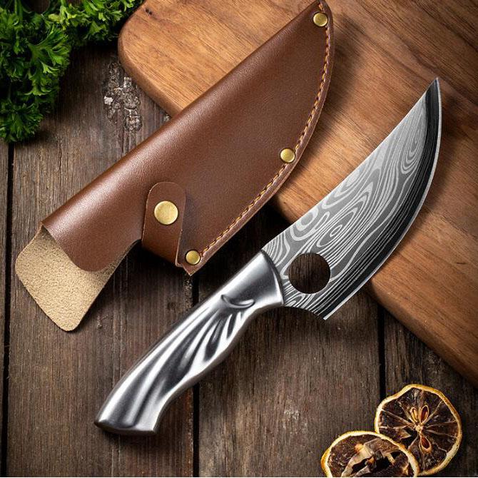 Ausbeinmesser aus Edelstahl mit Laser-Damastmuster, Küchenmesser aus Edelstahl, geschmiedetes Ausbeinmesser, kleines Krummsäbel-Fleischmesser Knife with cover