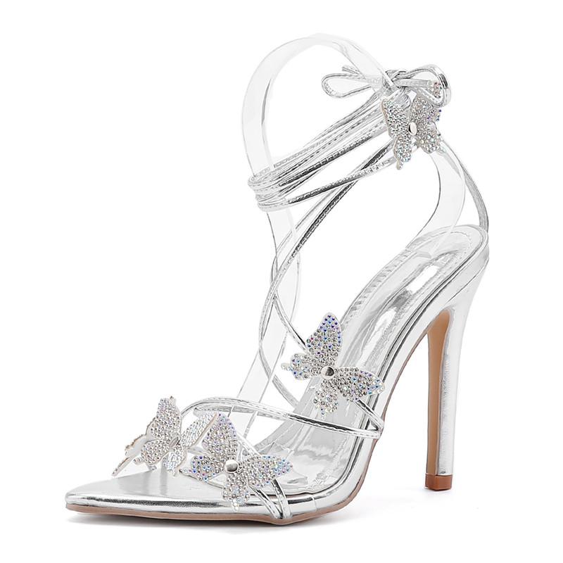 Mode Ins Stil Luxus Strass Schmetterling Damen Sandalen Sexy Knöchelriemen Schnürung High Heels Gladiatorensandalen Mode Sommerschuhe 39 silber