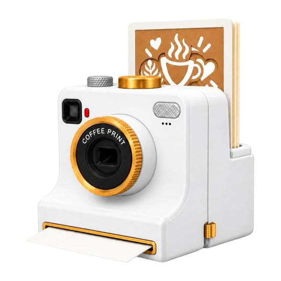 Latte Art Kamera 3D-gedruckte Kamera, Manuelles Kaffeepulver-Drucker mit Retro-Design-Werkzeugschablonenkarten, Kakao-Zimt-Schablonenhersteller für Cappuccino weiß