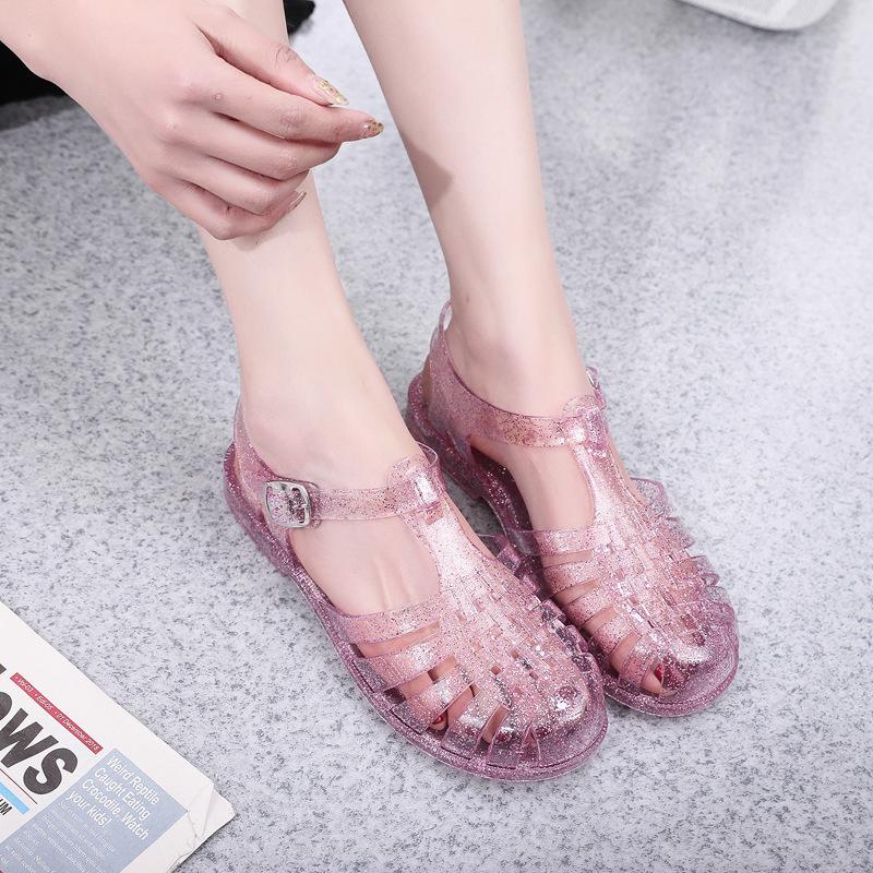 Aushöhlen Bling Regenfeste Gelee Sandalen Frauen Sommer Süßigkeiten Schuhe Frau Hausschuhe Abdeckung Zehe Flache Femmes Sandales Pvc Sandalias 38 rosa