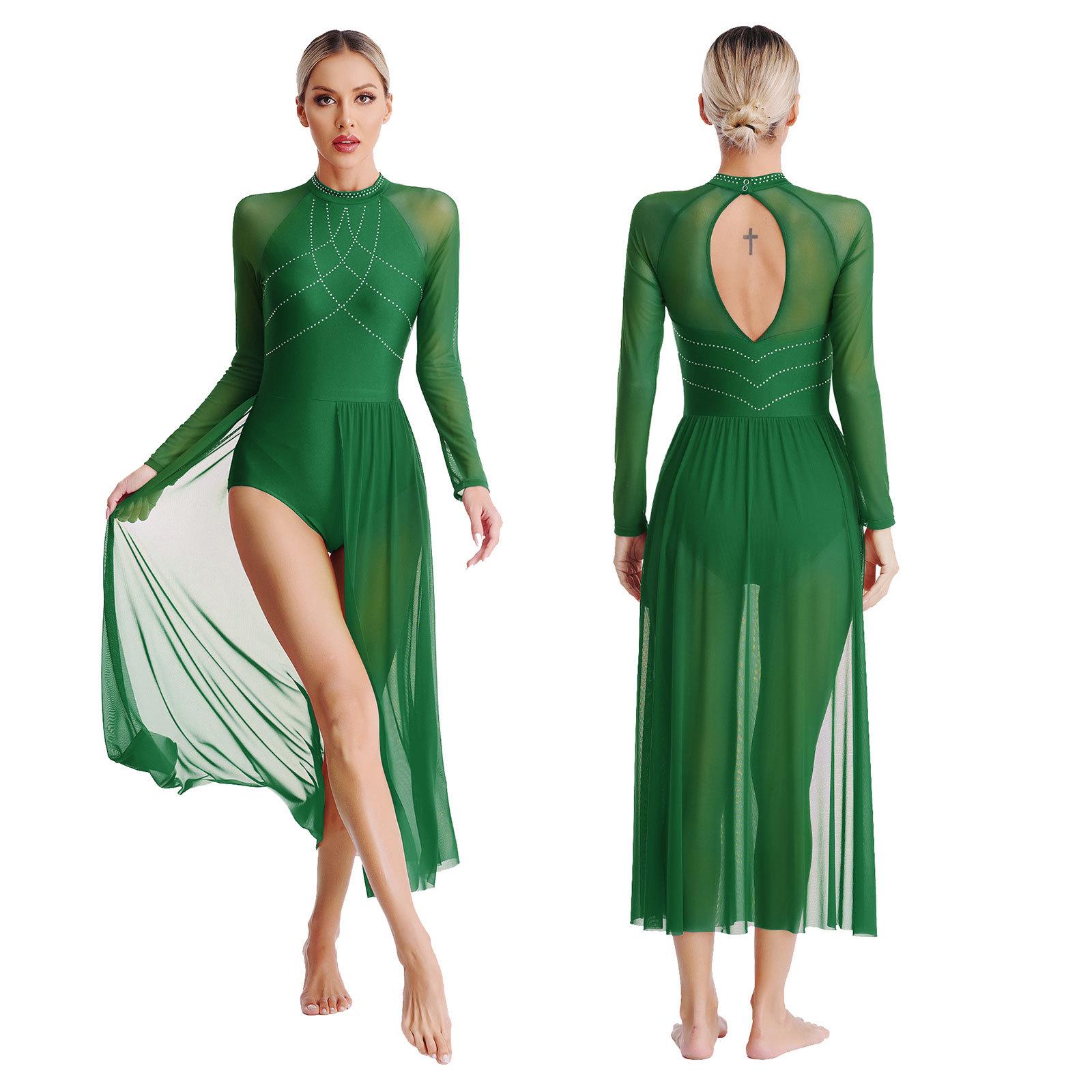 Damen Modernes Lyrisches Tanzkleid Strass Gymnastiktrikot Schlitz Maxi Kleider Langarm Ballett Bühnenauftritt Tanzbekleidung M grün