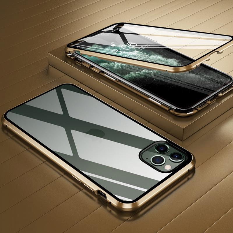 Metall-Magnethülle für iPhone 16 Pro 15 14 Pro Max 13 12 Pro MAX 11 Pro SE 2020 X XR XS 8 7 Plus Magnethülle aus gehärtetem Glas iPhone 16 Pro Max gold