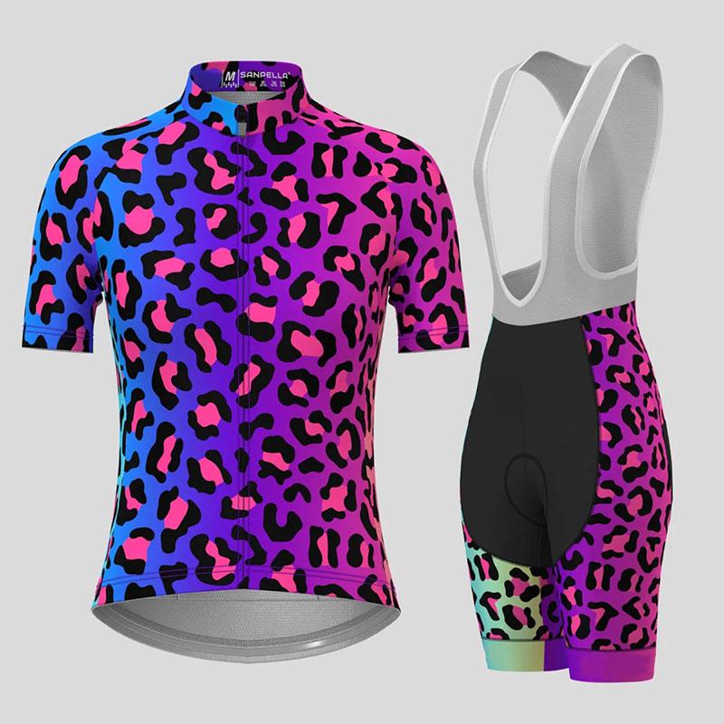 2026 Damen Fahrradbekleidung Farbverlauf Leopardenmuster Sommer Fahrradtrikot Set Damen Atmungsaktiv Kurze Ärmel Mountainbike Kleidung 4XL