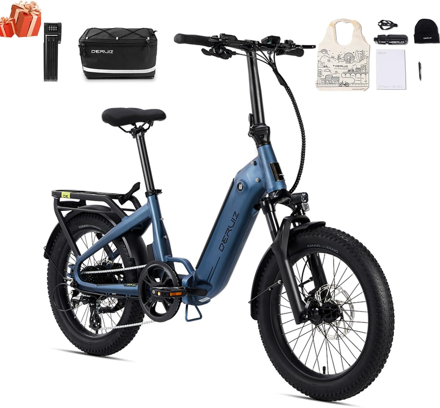Elektrofahrrad DERUIZ Peridot 20 Faltbares Fatbike 250W Motor, 500Wh herausnehmbarer Akku, 143 km Reichweite, 8-Gang All-Terrain E-Bike blau